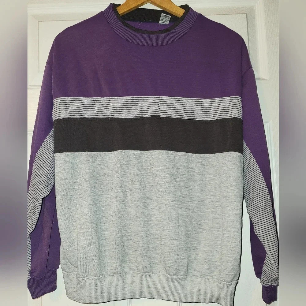 Crewneck Top Shirt‎ Size Large Gray Purple Stripes Soft Vintage Lightweight